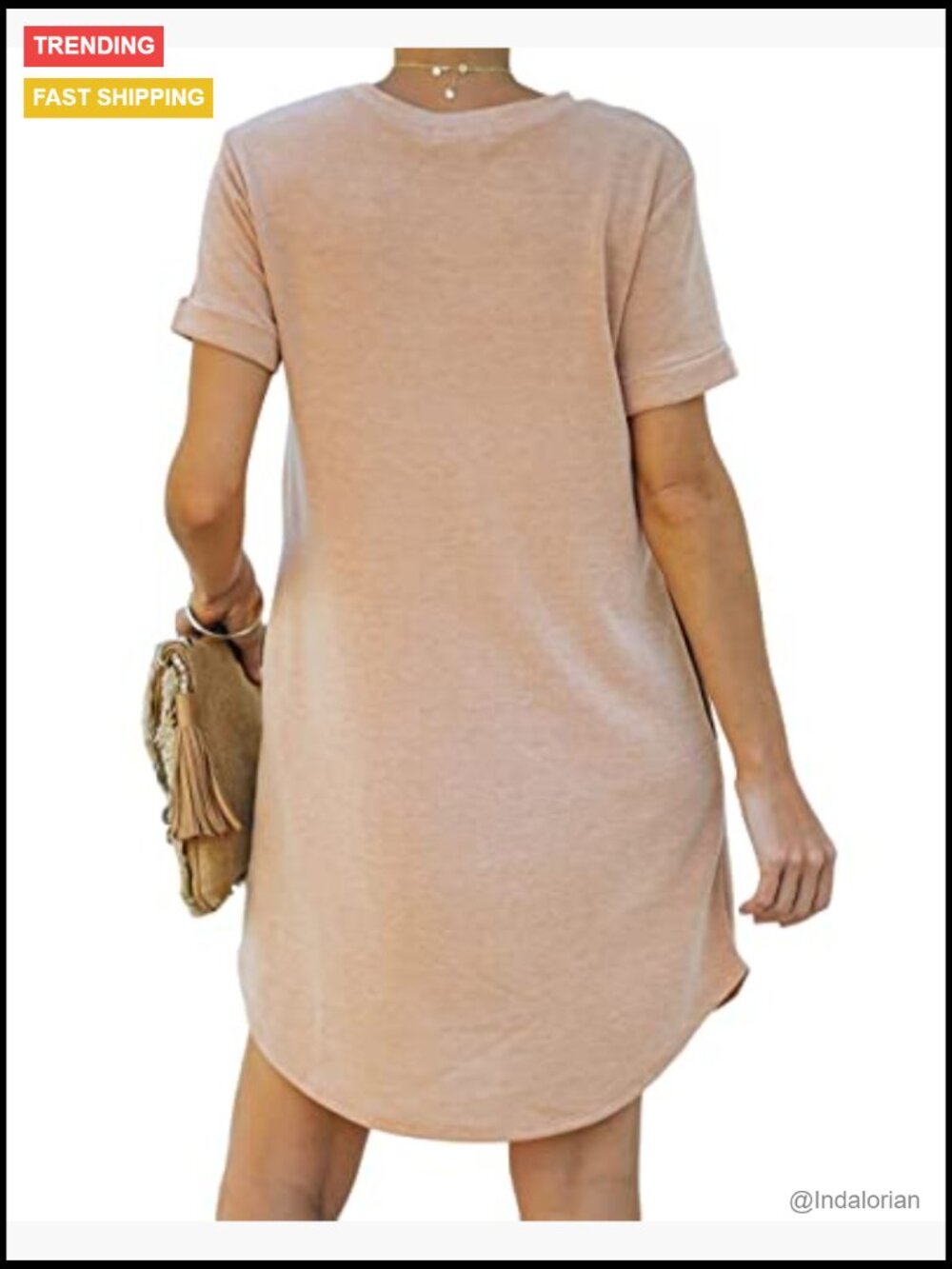 Cotton Blend Short Sleeve T Shirt Dress with Pockets Loose Fit - Picture 2 of 4